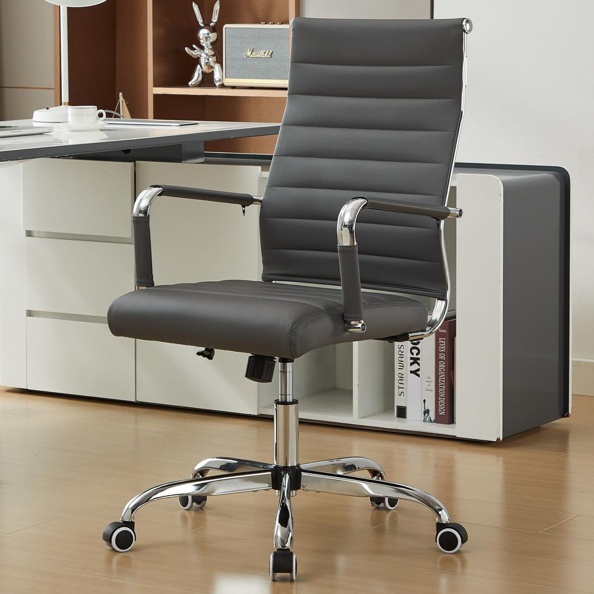 Seanail Office Desk Chair Leather, Conference Room Chairs With Wheels, Modern Executive Computer Guest Chairs With Arms (Grey)