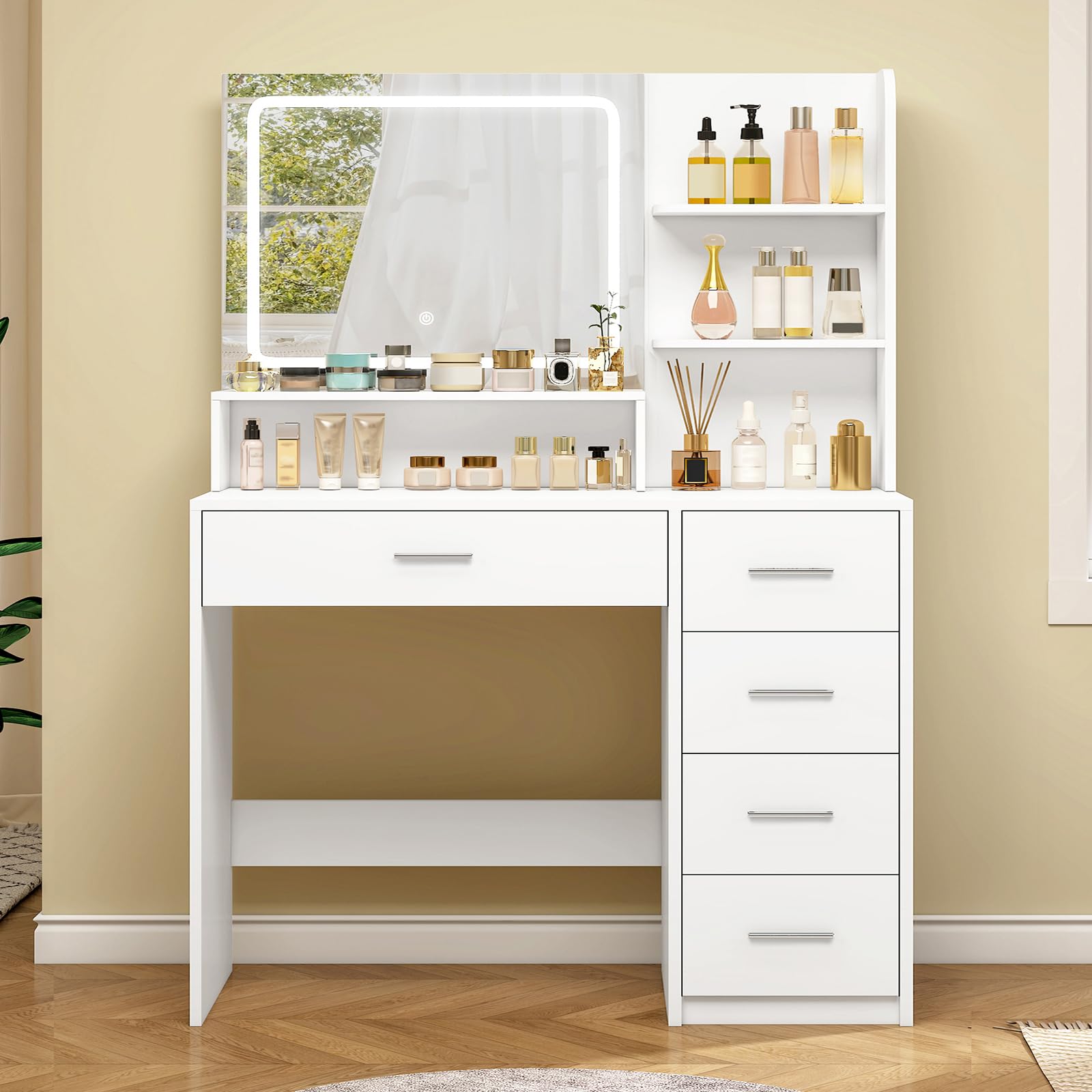 Quimoo Makeup Vanity Desk with LIighted Mirror, Vanity Desk with 5 Drawers & Storage Shelves, Vanity Table, 3 Color Modes & Adju