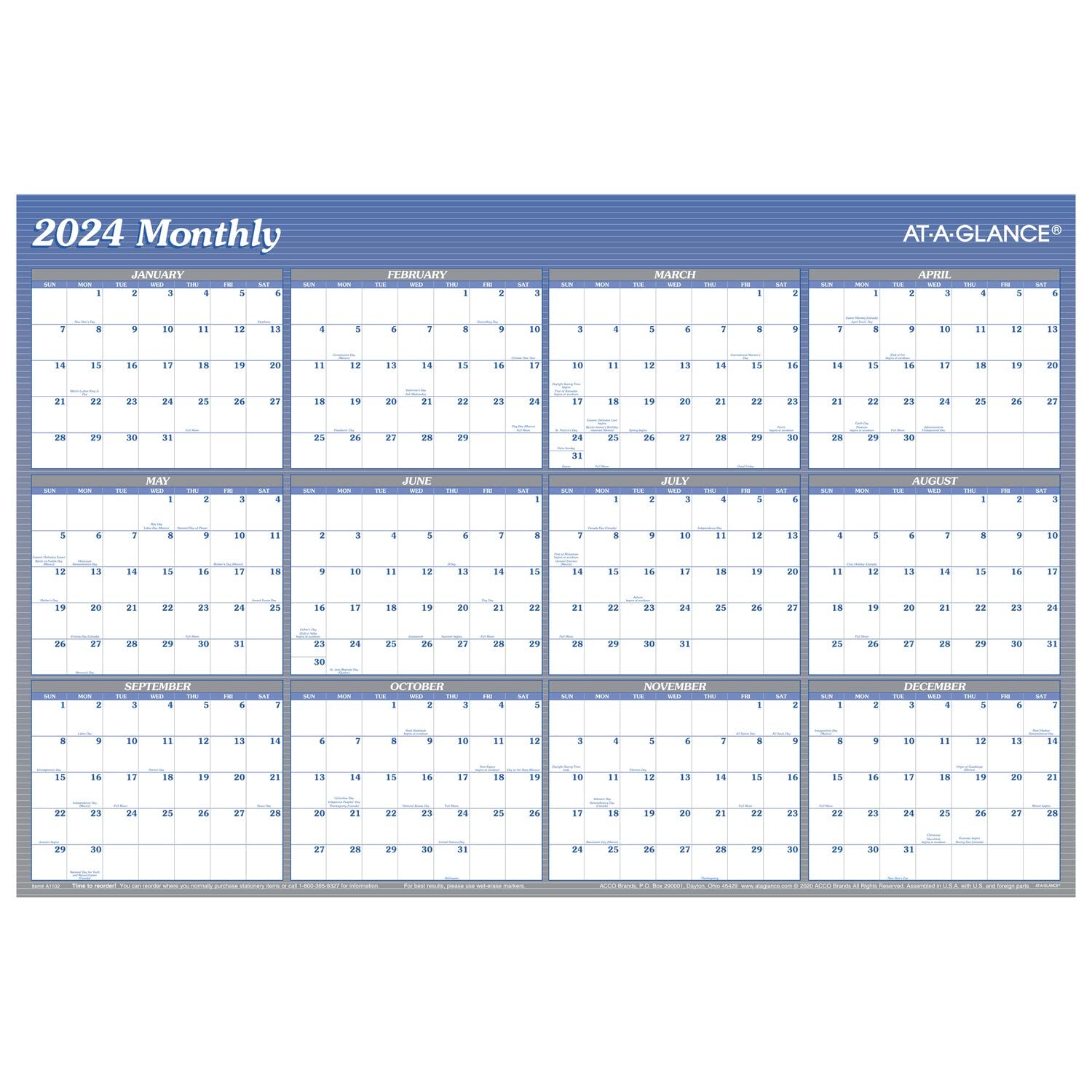 At-A-Glance 2024 Erasable Calendar, Dry Erase Wall Planner, 36' X 24', Large, Vertical/Horizontal, Reversible, Blue (A1102-24)