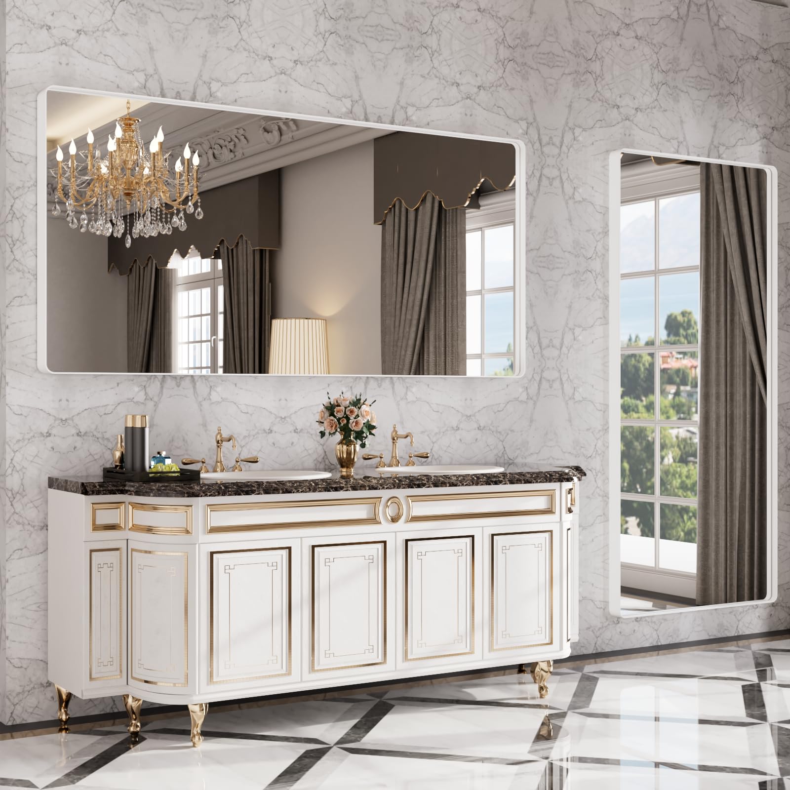 Istripmf White Bathroom Mirror 60X36 Inch, Large Matte White Bathroom Vanity Mirror,Rectangle Round Corner White Metal Framed Mi