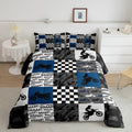 Dirt Bike Comforter Set Queen Size Black Grey Blue Motocross Rider Bedding Set Kids Boys Teens Men Bedroom Racing Themed Patchwo
