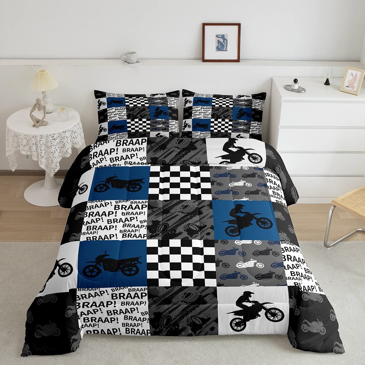 Dirt Bike Comforter Set Queen Size Black Grey Blue Motocross Rider Bedding Set Kids Boys Teens Men Bedroom Racing Themed Patchwo