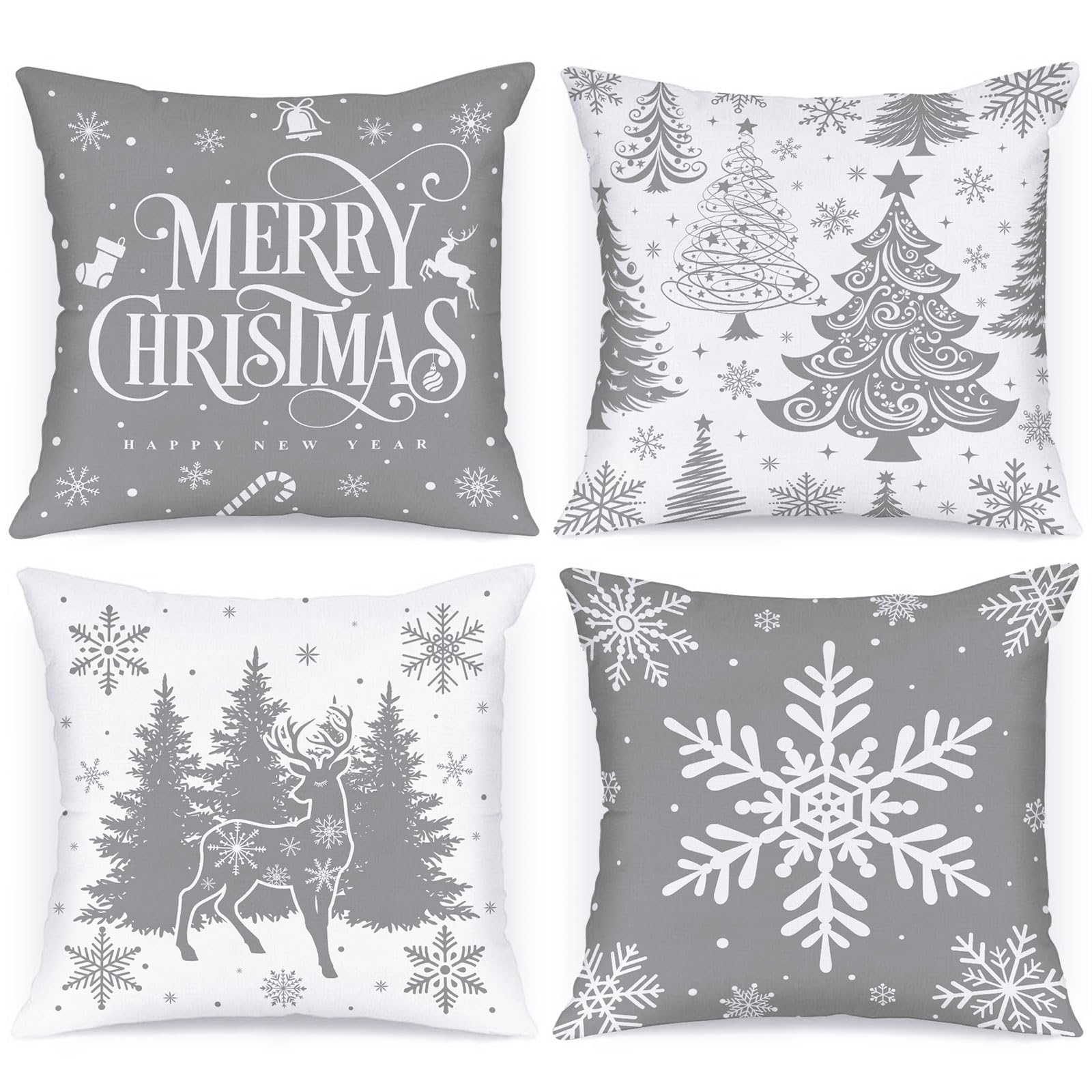 Lanpn 12X12 Grey Christmas Pillow Covers Set Of 4, Christmas Decorations Pillowcase, Winter Decorative Pillow Case, Merry Christ