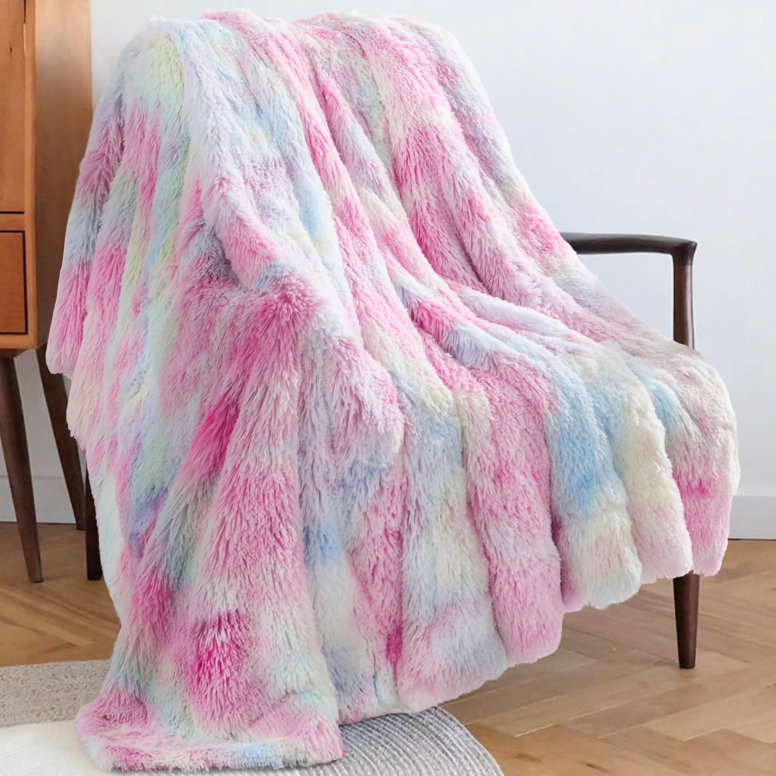 Gonaap Fuzzy Faux Fur Throw Blanket Tie-Dye Rainbow Super Soft Cozy Plush Fuzzy Shaggy Blanket For Couch Sofa Bed (Tie-Dye Rainb