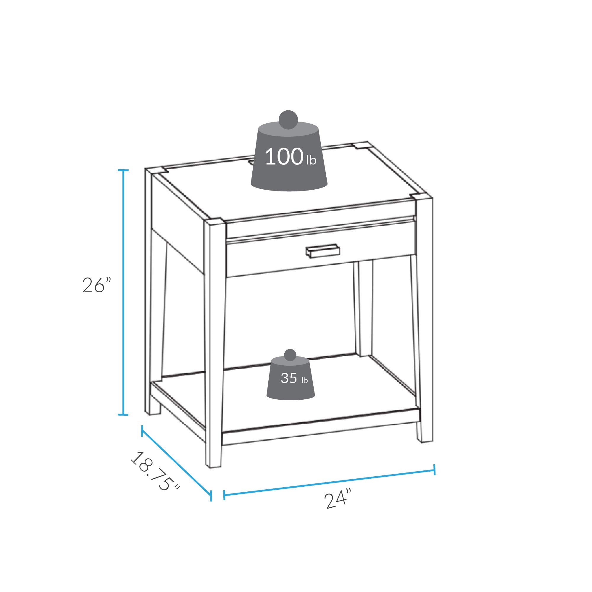 Casual Home Notre Dame Nightstand With Usb Ports-Warm Brown 18.75 In X 24 In X 26 In (D X W X H)