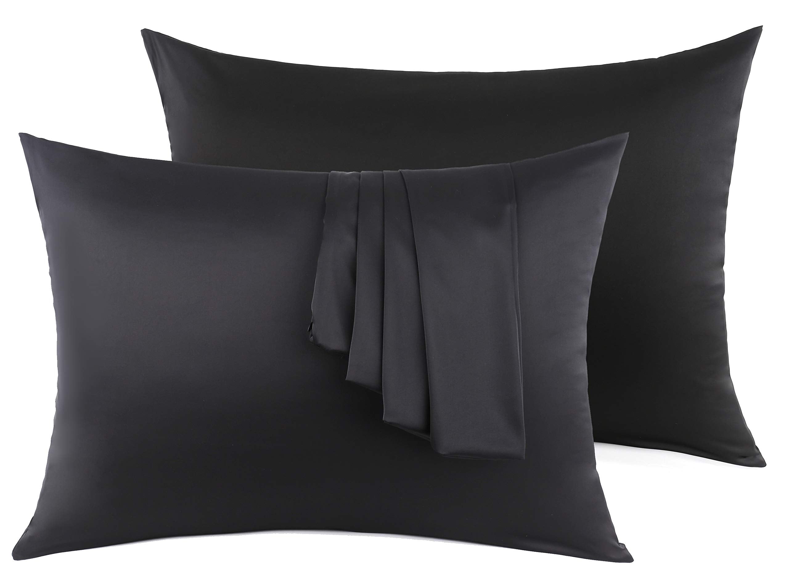 Natural Silk Pillowcase Set Of 2 For Hair &Skin - Both Sides 19 Momme 600 Thread Count With Hidden Zipper (Black, Queen)