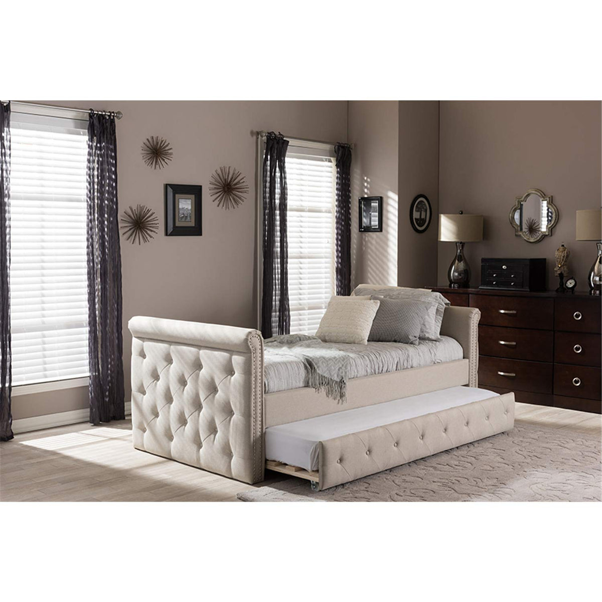 Baxton Studio Swamson Modern and Contemporary Tufted Daybed with Roll-Out Trundle Guest Bed Light Beige