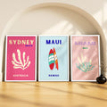 SoulAbiti Sydney Maui Miami Surf & Shore set of 3 Framed Wall Print 12x18 inch White Frame PlexiGlass Preppy Travel Art ready t