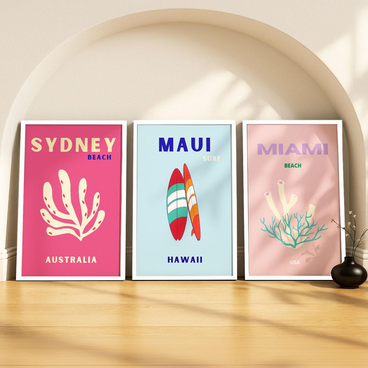 SoulAbiti Sydney Maui Miami Surf & Shore set of 3 Framed Wall Print 12x18 inch White Frame PlexiGlass Preppy Travel Art ready t