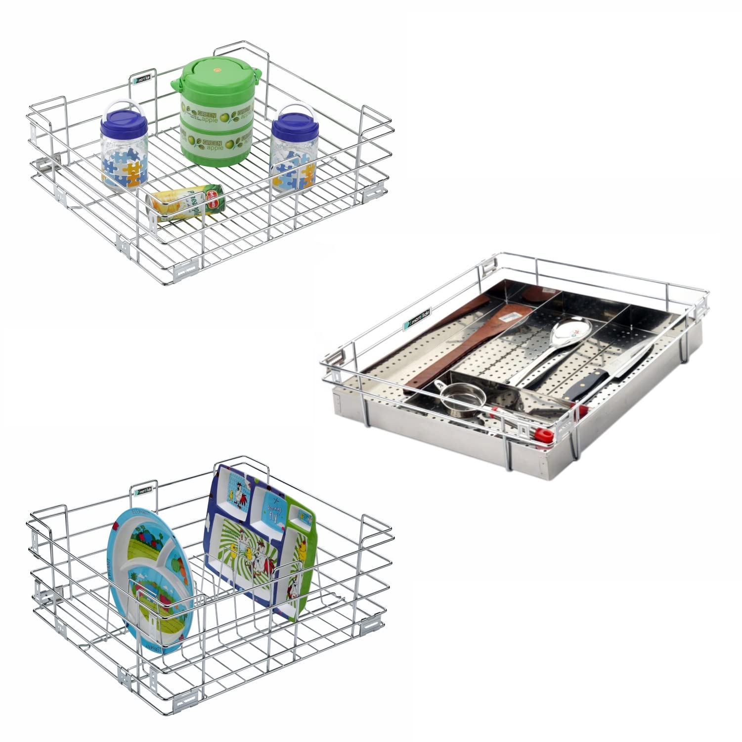 Smartslide Stainless Steel Modular Kitchen Basket  Set Of 3 (15X20 Inch) Drawer, Cabinet, Organizer, Accessories