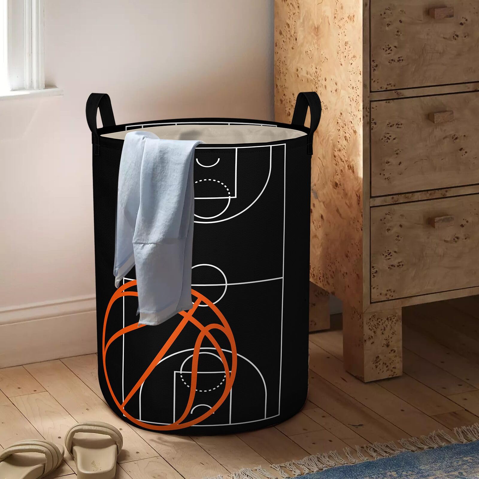 Basketball Kids Laundry Basket with Lining Waterproof Oxford Boys Girls Laundry Hamper Black Ball Clothes Storage Bucket Toy Org