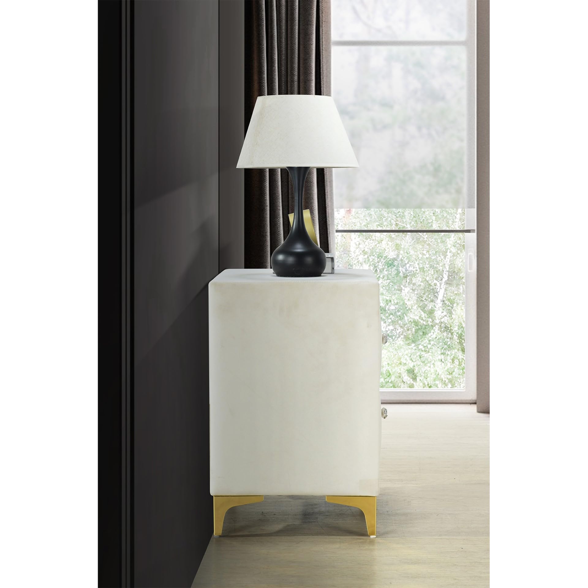 Monique Velvet Nightstand with Gold Legs and Gold Trim, Crystal knobs - Fully Assembled (Cream)