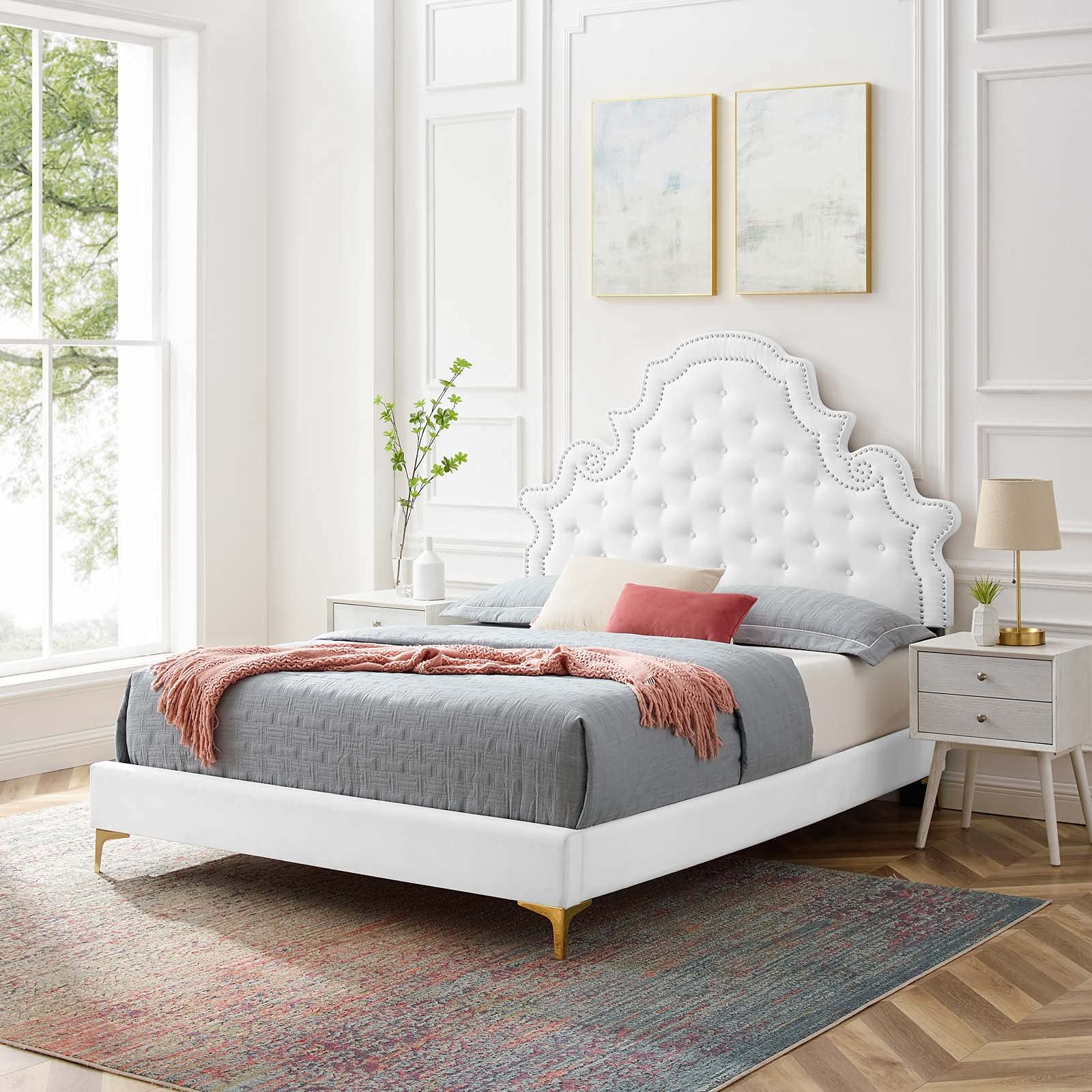 Modway Gwyneth Tufted Performance Velvet Queen Platform Bed In White With Gold Metal Legs