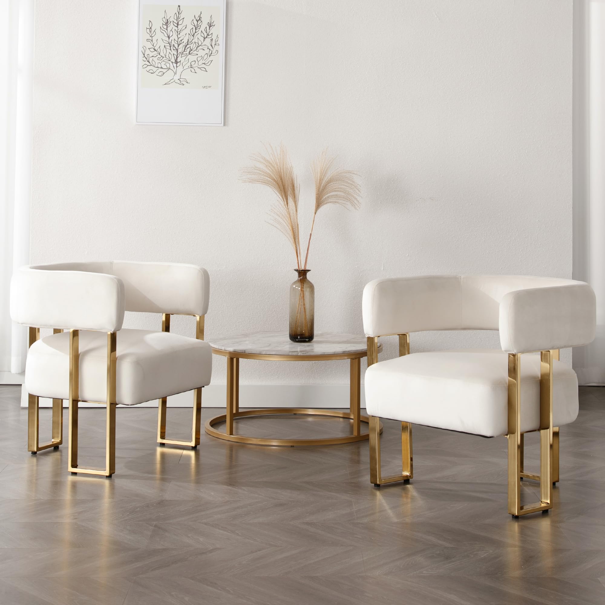 Dm Furniture Modern Barrel Accent Chairs Set Of 2 Living Room Side Chairs With Golden Metal Legs Soft Velvet Upholstered Reading