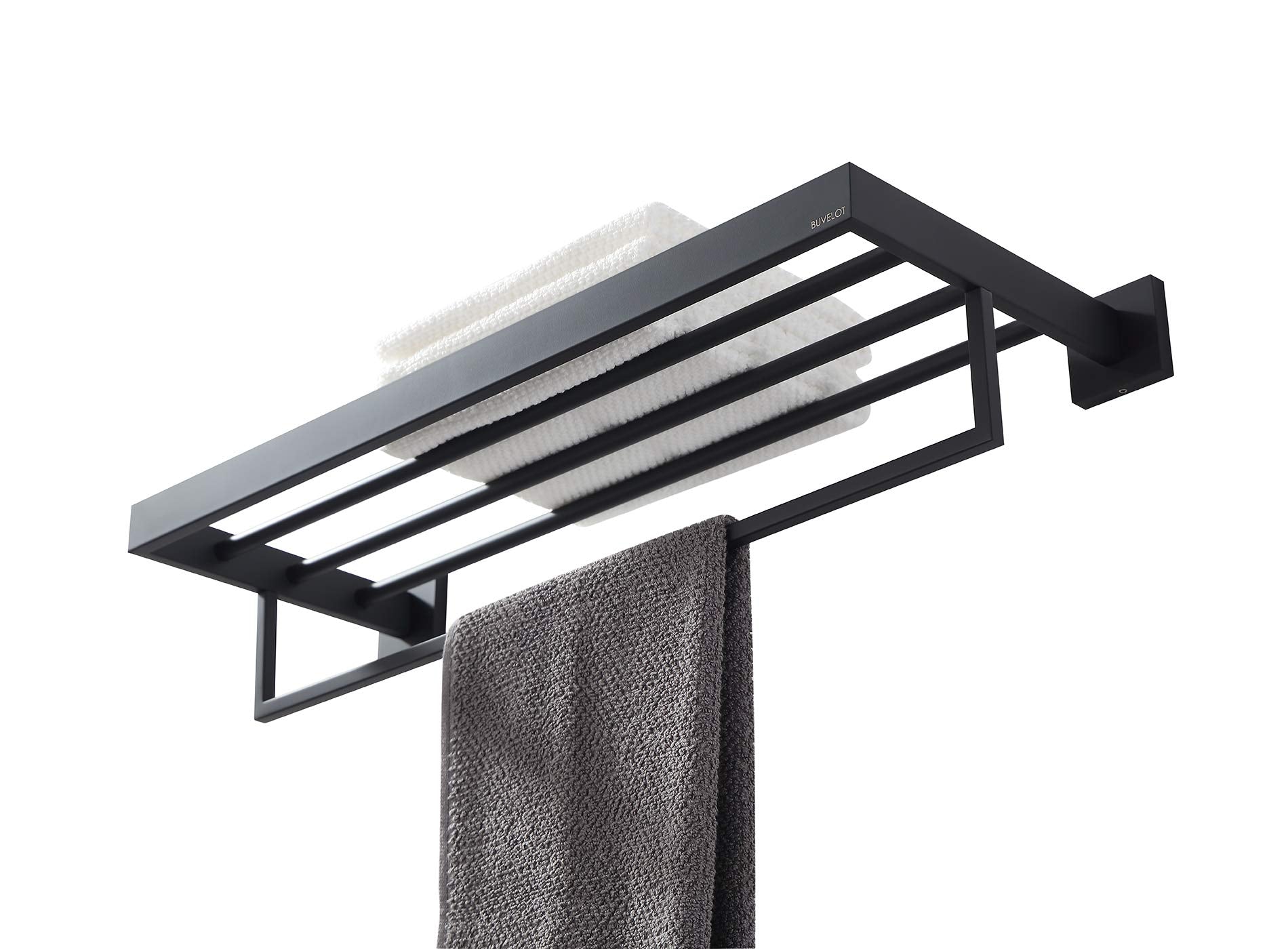 BUVELOT Towel Rack, Towel Shelf for Bathroom, Square Modern Hotel Style Towel Rack with Shelf, 24Inch, Matte Black, Wall Mounted