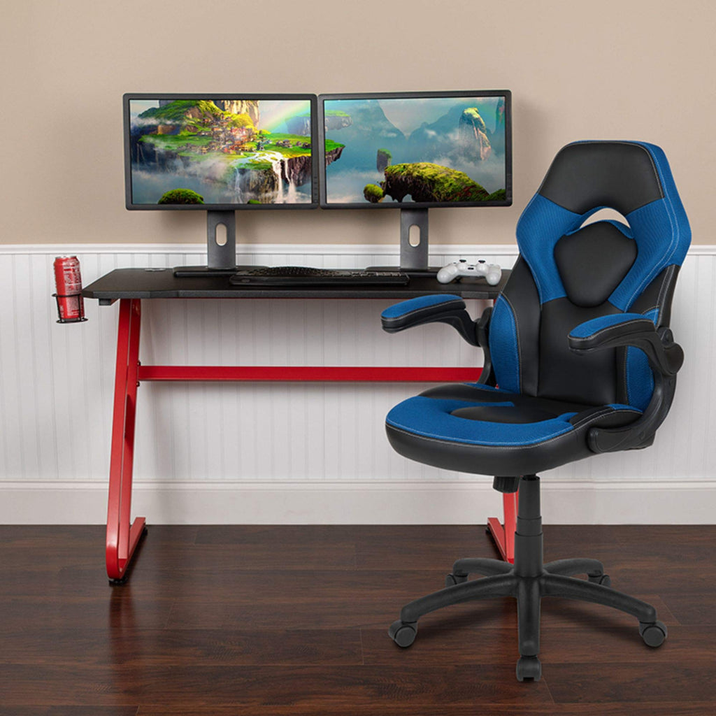 Flash Furniture Red Gaming Desk And Blue/Black Racing Chair Set With Cup Holder And Headphone Hook