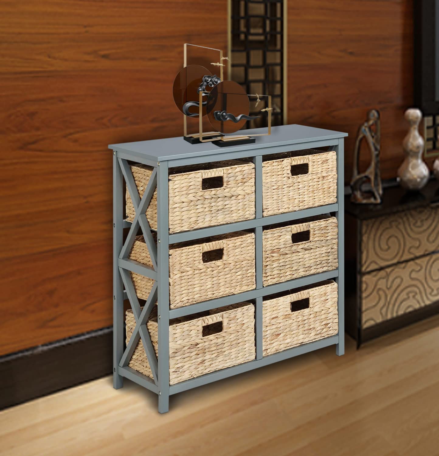 Ehemco 3 Tier X-Side End Storage Cabinet With 6 Wicker Baskets, Gray