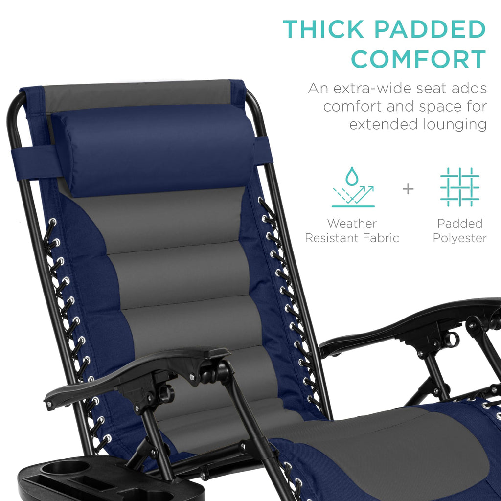 Best Choice Products Oversized Padded Zero Gravity Chair, Folding Outdoor Patio Recliner, Xl Anti Gravity Lounger For Backyard W/Headrest, Cup Holder, Side Tray, Polyester Mesh - Navy/Gray