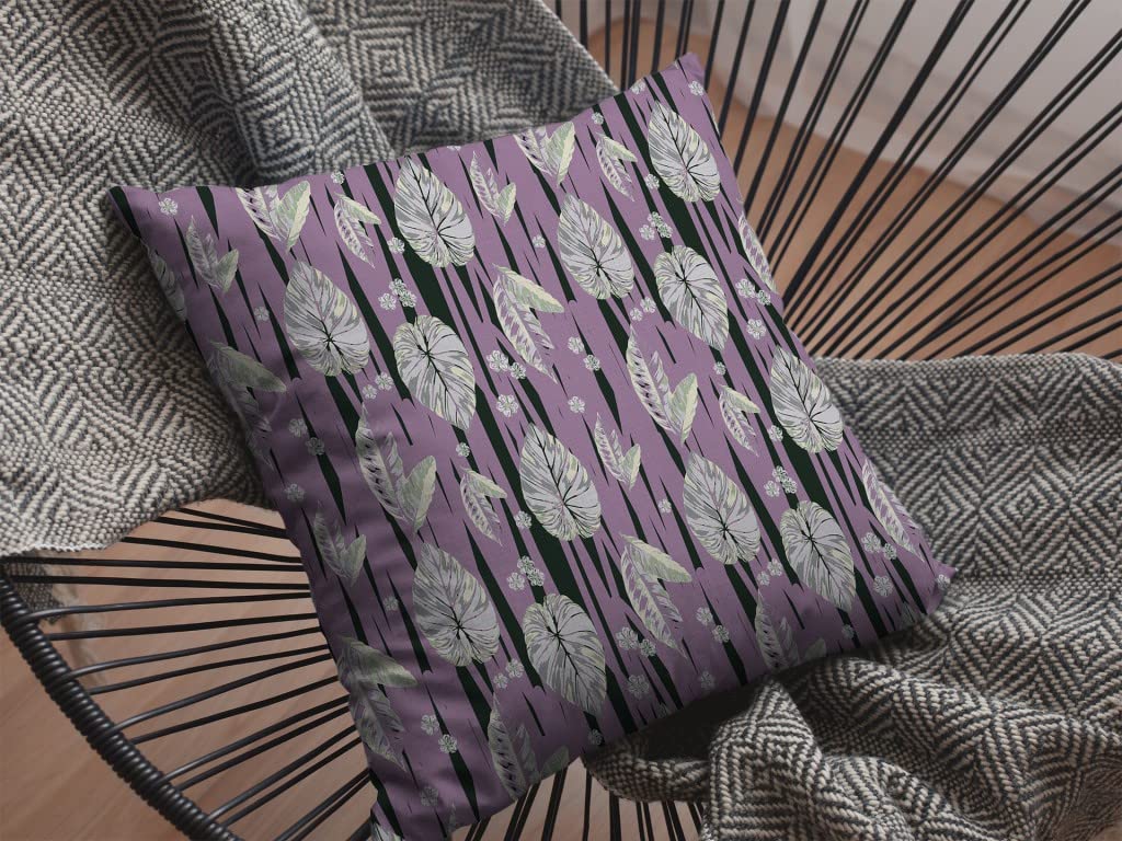 HomeRoots Pink and White Broadcloth 28â€ Lavender Black Fall Leaves Indoor Outdoor Throw Pillow