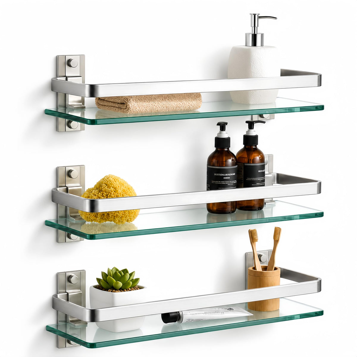 Bathroom Glass Shelf 15.7 Silver WallMounted, Floating Metal Storage Rack