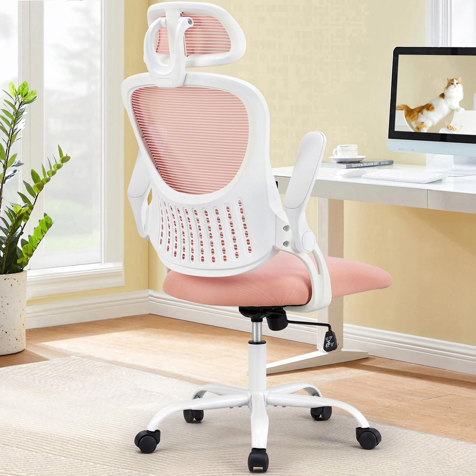 Sweetcrispy Office Computer Desk Chair, Ergonomic High-Back Mesh Rolling Work Chairs With Wheels And Adjustable Headrests, Comfortable Lumbar Support, Comfy Flip-Up Arms For Home,Bedroom,Study, Pink