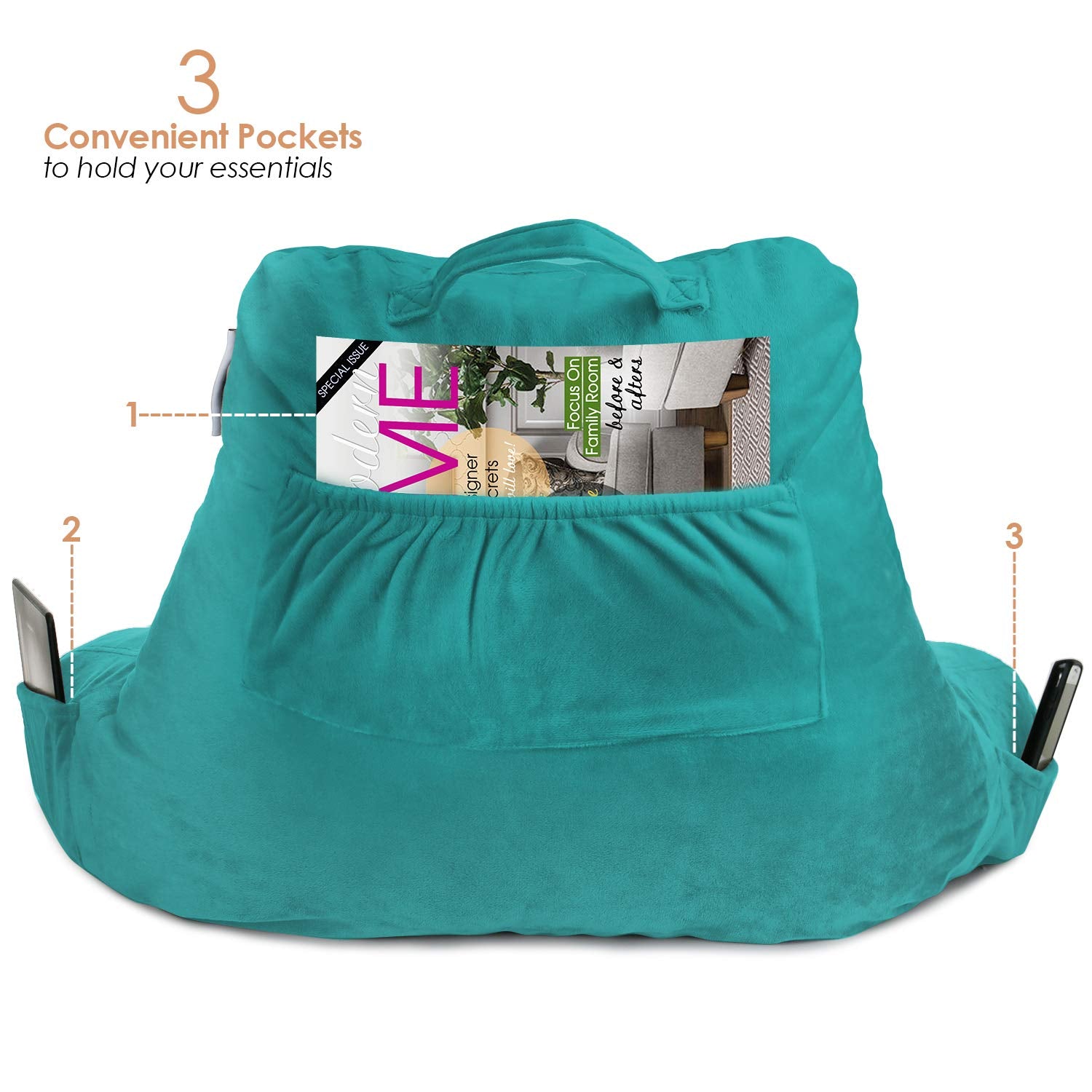 Nestl Reading Pillow Standard Bed Pillow, Back Pillow For Sitting In Bed Shredded Memory Foam Chair Pillow, Reading & Bed Rest Pillows Teal Back Pillow For Bed, Bed Chair Arm Pillow With Pockets