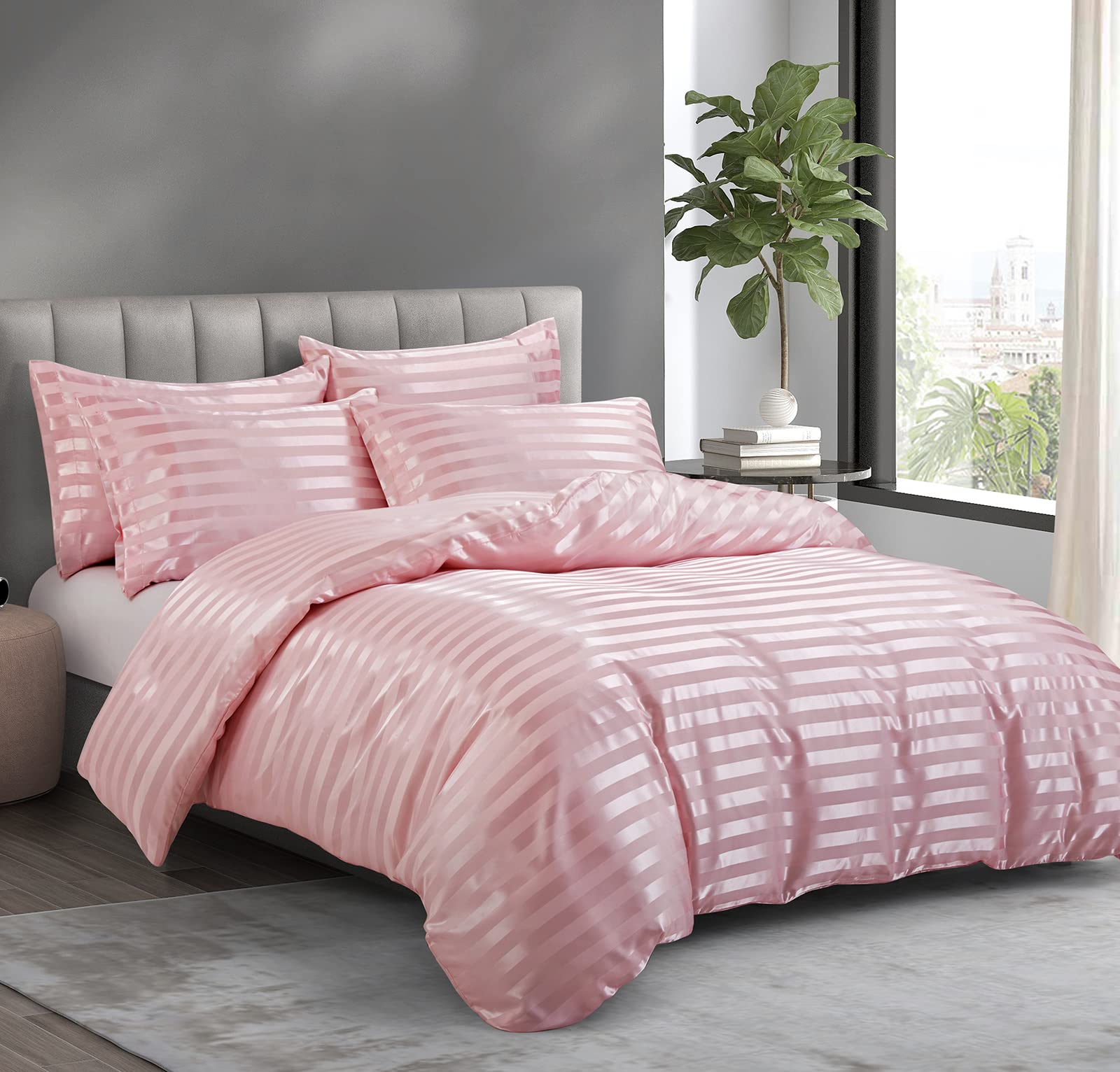 P Pothuiny 5 Pieces Satin Striped Duvet Cover Full/Queen Size Set, Luxury Silky Like Blush Pink Stripe Duvet Cover Bedding Set W