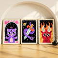 SoulAbiti Kawaii Night Creatures set of 3 Framed Wall Print 12x18 inch Light Brown Frame PlexiGlass Preppy Art ready to hang fo