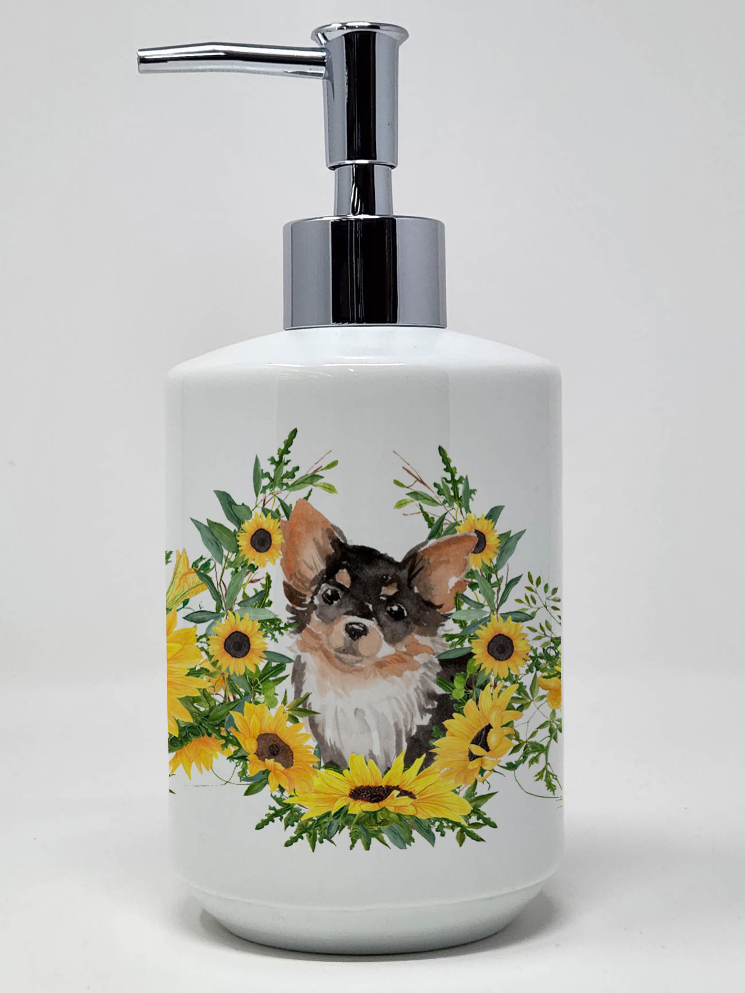 Caroline's Treasures CK2934SOAP Long Haired Chihuahua in Sunflowers Ceramic Soap Dispenser Hand Soap Dispenser Pump Bottles for 