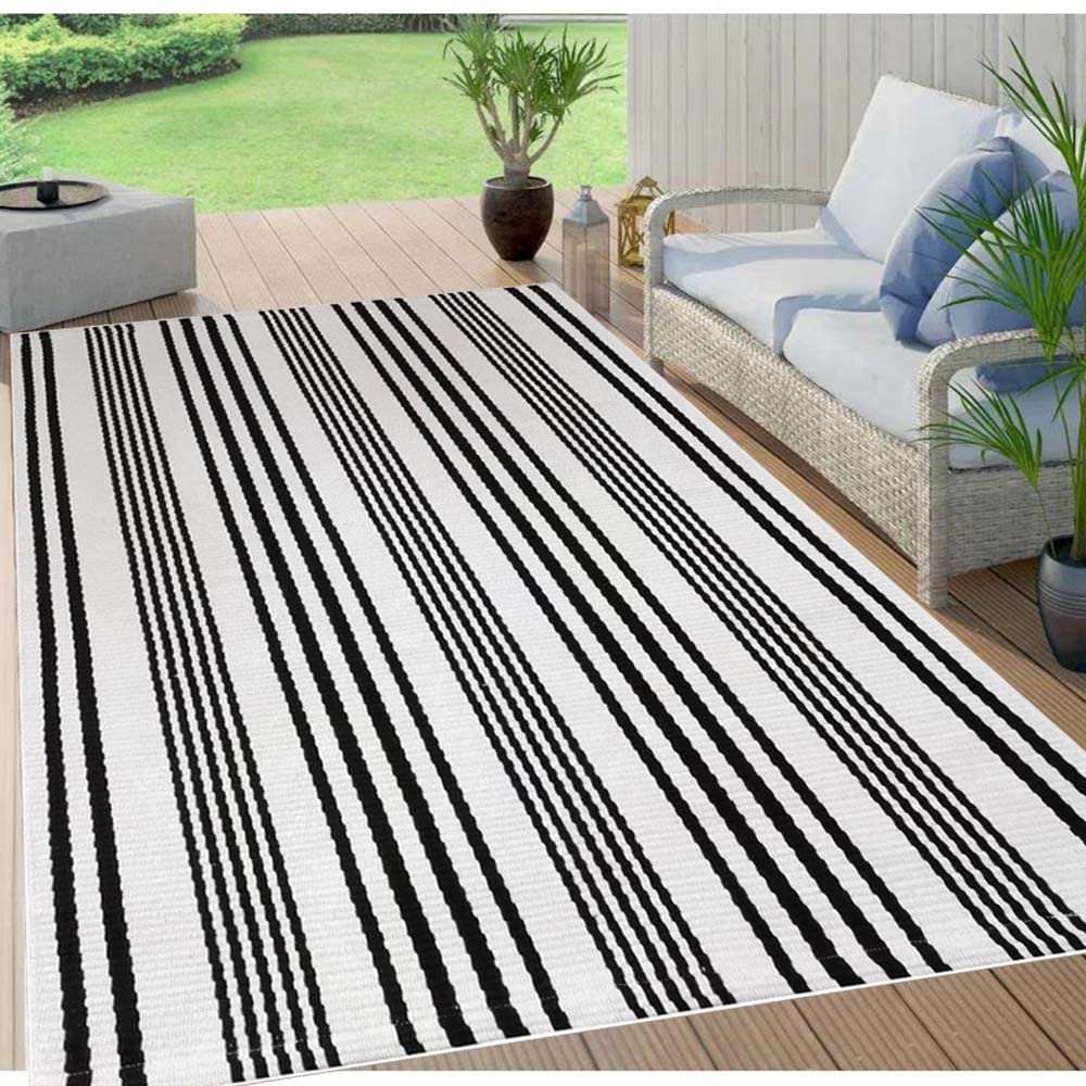 Buagetup Black And White Outdoor Patio Rug,5X8Ft Striped Outdoor Rug Machine Washable Hand Woven Cotton For Living Room Front Po