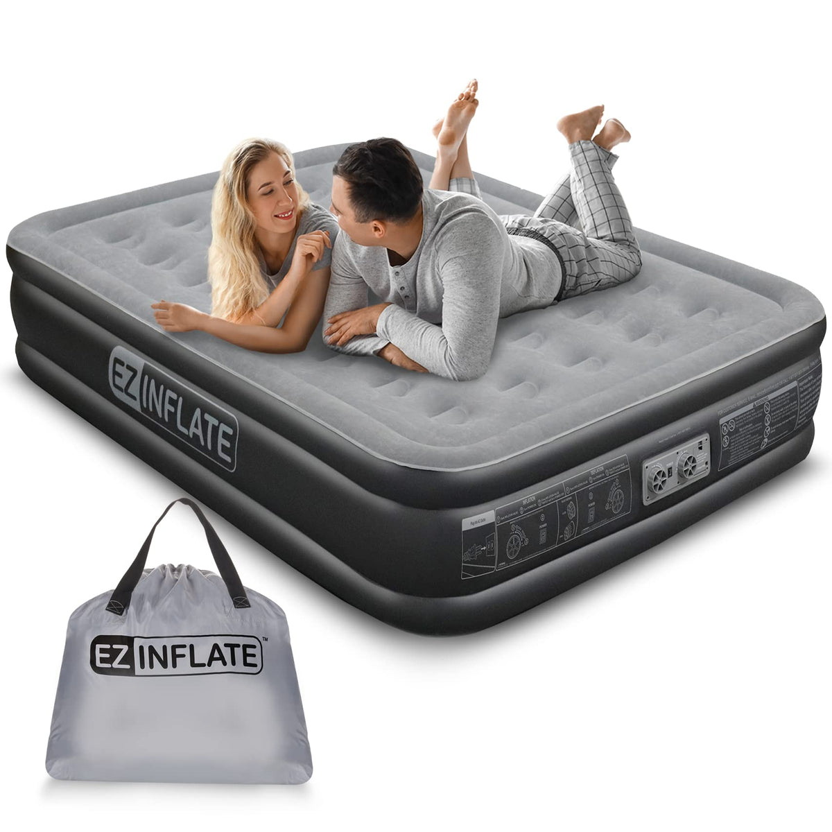 Ez Inflate Air Mattress With Built In Pump - Full Size Double-High Inflatable Mattress With Flocked Top - Easy Inflate, Waterpro