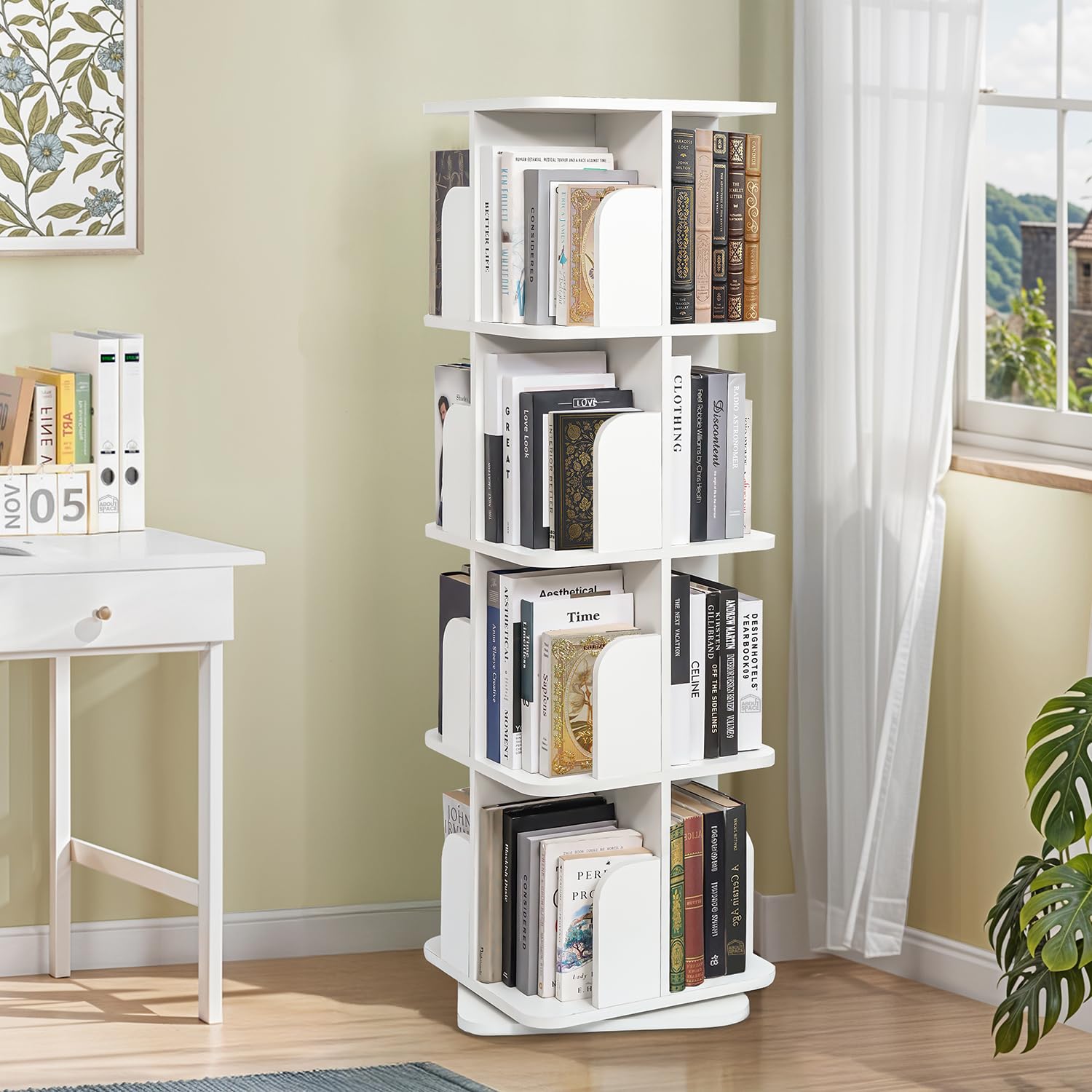 About Space Rotating Book Shelf For Home Library  4 Tier 360 Book Rack | Wooden Square Bookstand With Partition, Curved Edges, 