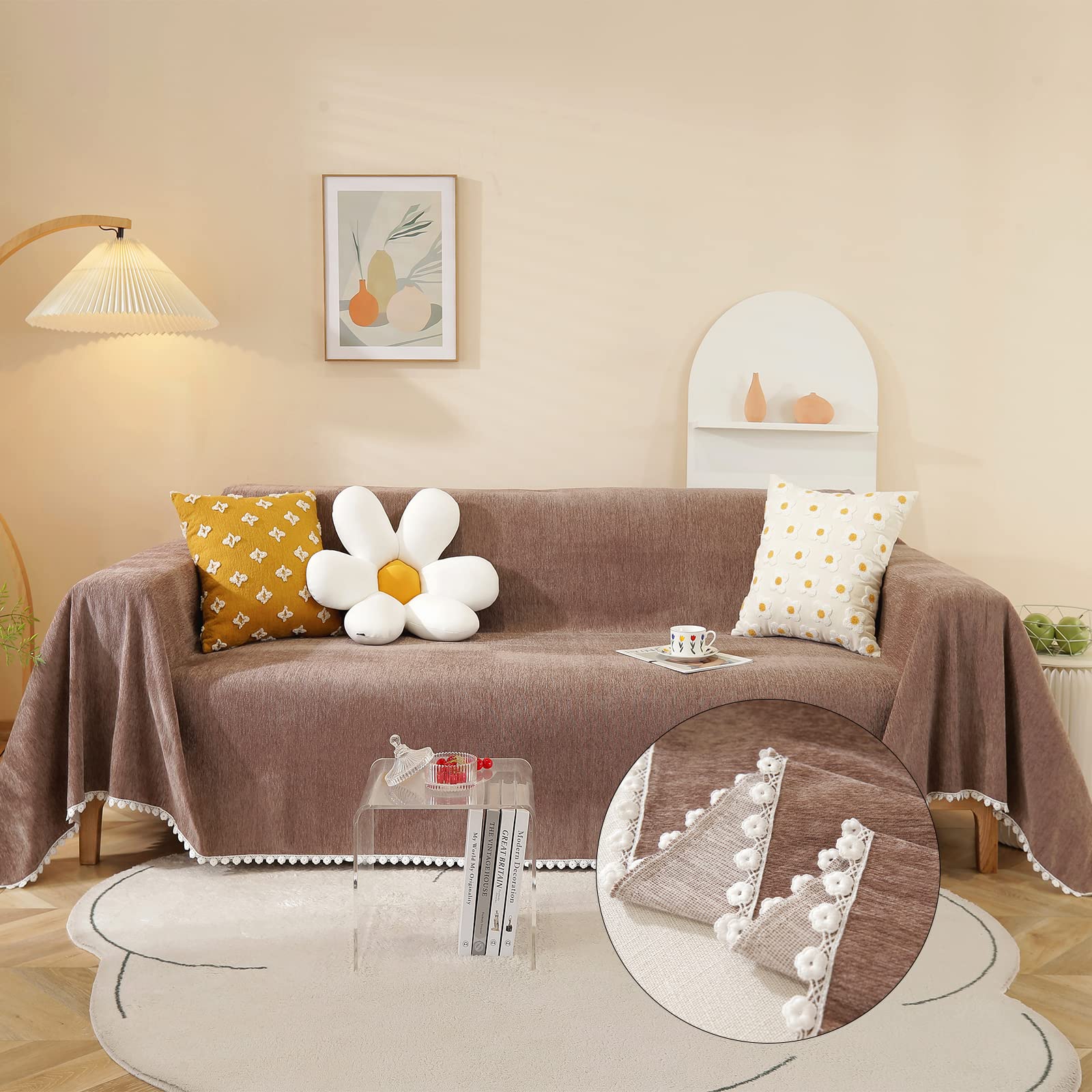 Handontime Brown Sofa Covers Simple Couch Cover For Pet White Floral Couch Cushion Covers For L Shape Chocolate Sofa Throw Cover Sectional Couch Covers For Living Room Machine Washable, 71' X134'