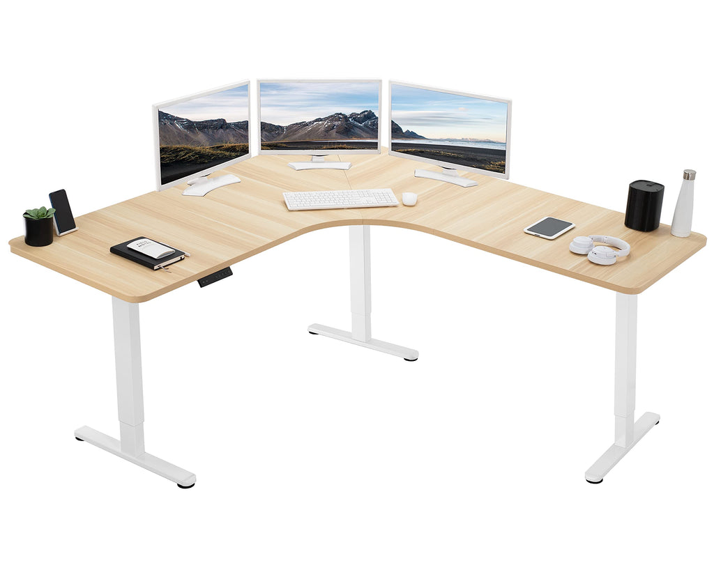Vivo Electric Height Adjustable 71 X 71 Inch Curved Corner Stand Up Desk, Light Wood Table Top, White Frame, Memory Controller, L-Shaped Workstation, E3C Series, Desk-Kit-E3Cwc