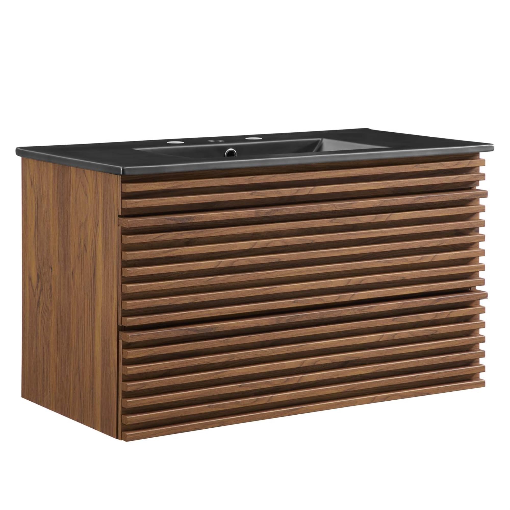 Ergode Vanity - 36'' Mid-Century Bathroom Vanity with Walnut Laminate, 2 Drawers, Ceramic Sink & Countertop. Wall-Mount Design.