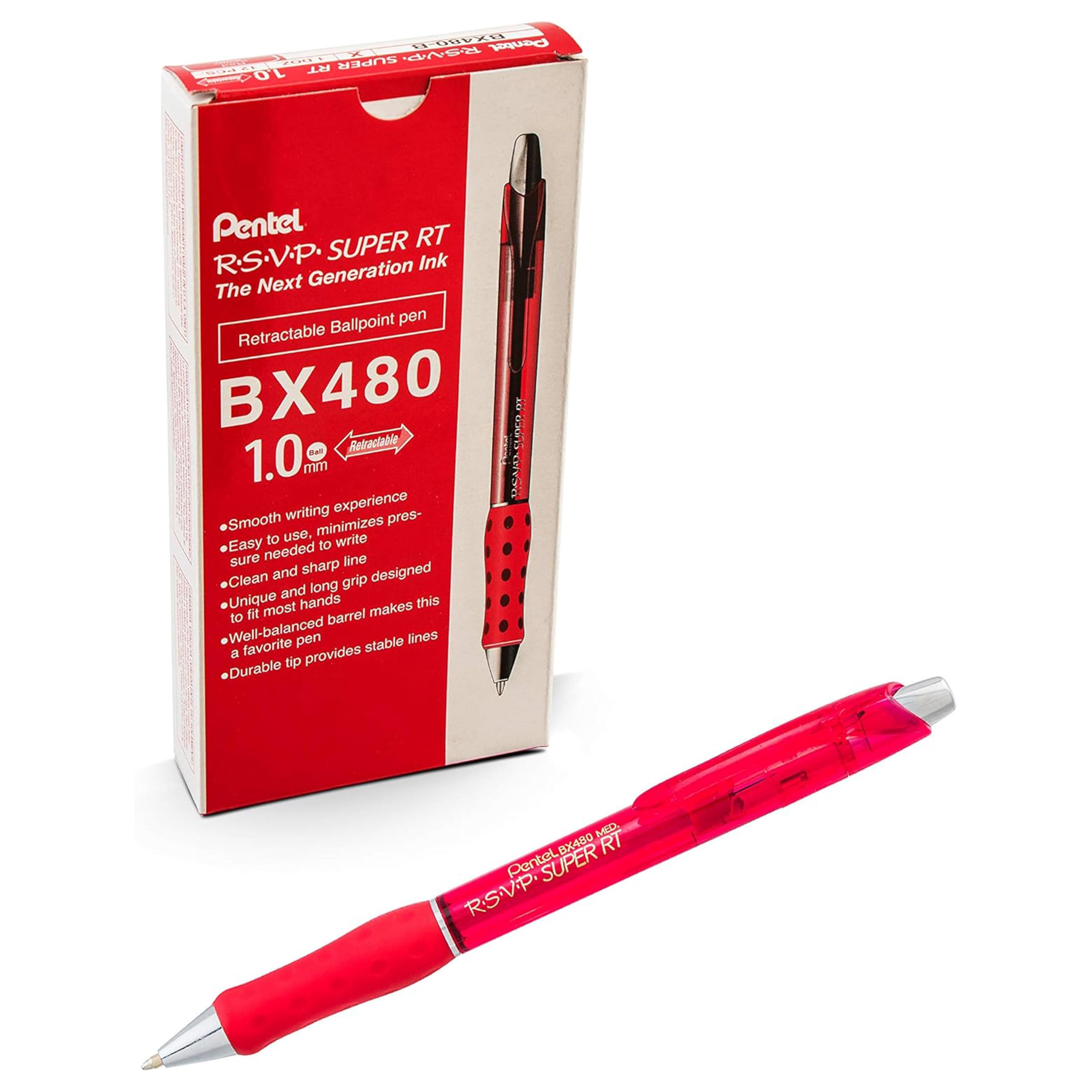 Pentel Rsvp Super Rt Ballpoint Pen, (1.0Mm) Medium Line, Red Ink, Box Of 12, (Bx480-B)