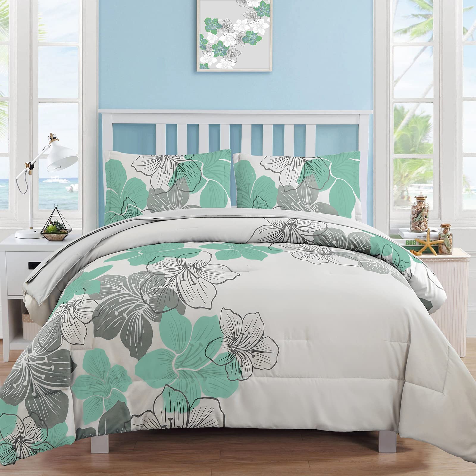 Luxudecor Floral Comforter Set Queen Size Green Floral Pattern Bedding Comforter Soft Microfiber 7 Pieces Bed In A Bag (1 Comfor