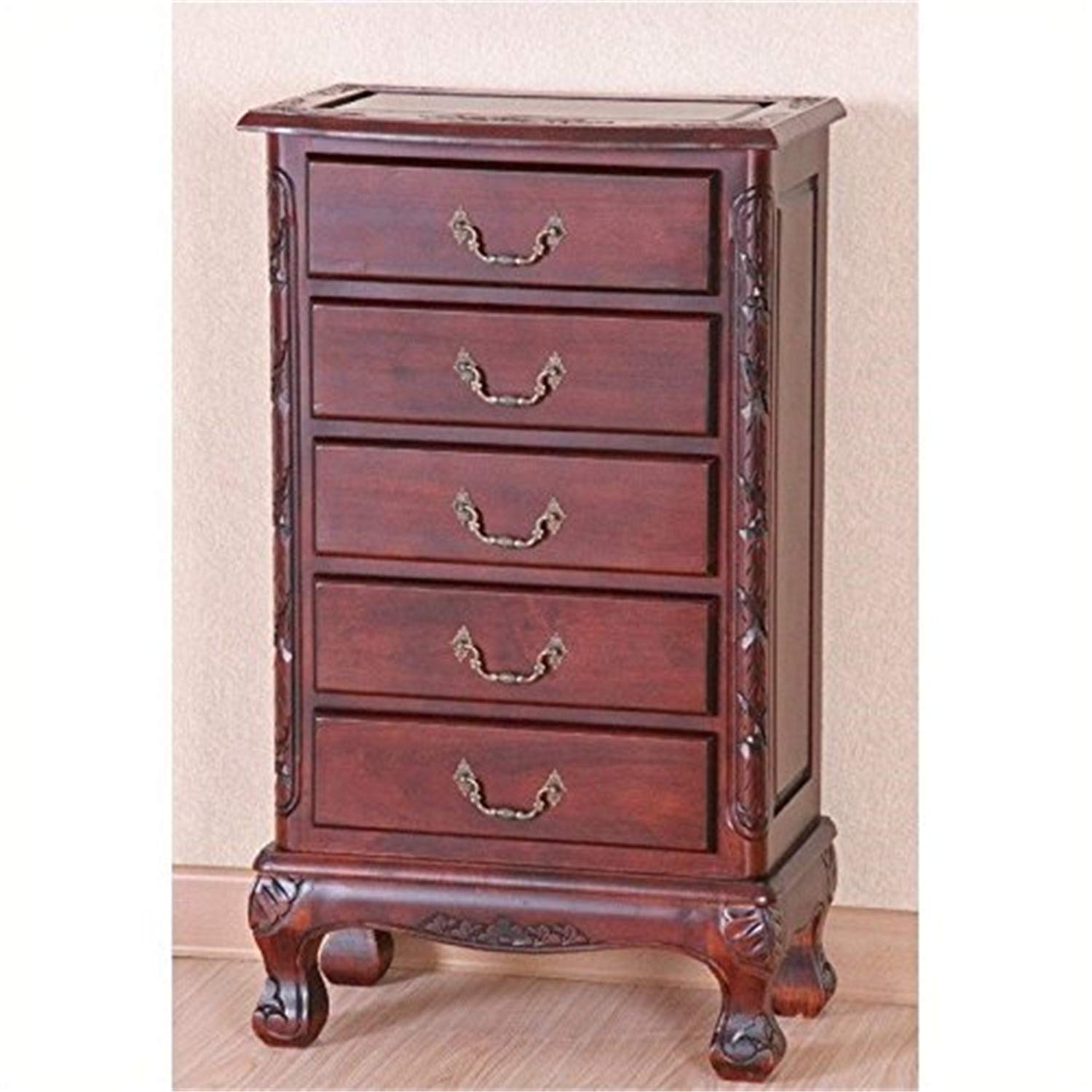 International Caravan Furniture Piece Carved Wood Five Drawer Jewelry Chest