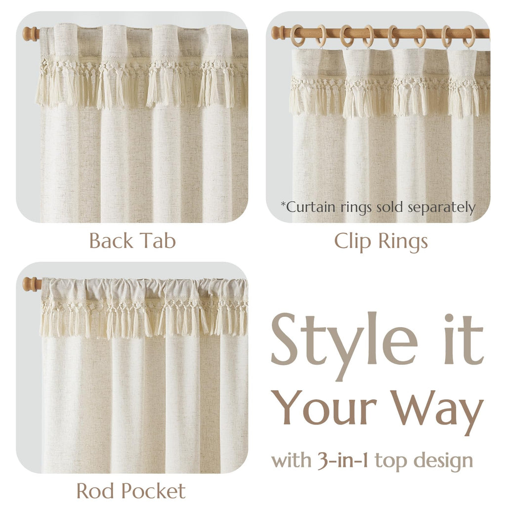 Jinchan Linen Blend Curtains With Tassels, Curtains For Living Room 90 Inches Long, Boho Curtains, Rod Pocket Back Tab Flax Farmhouse Curtains For Bedroom Light Filtering Window Curtain Set 2 Panels