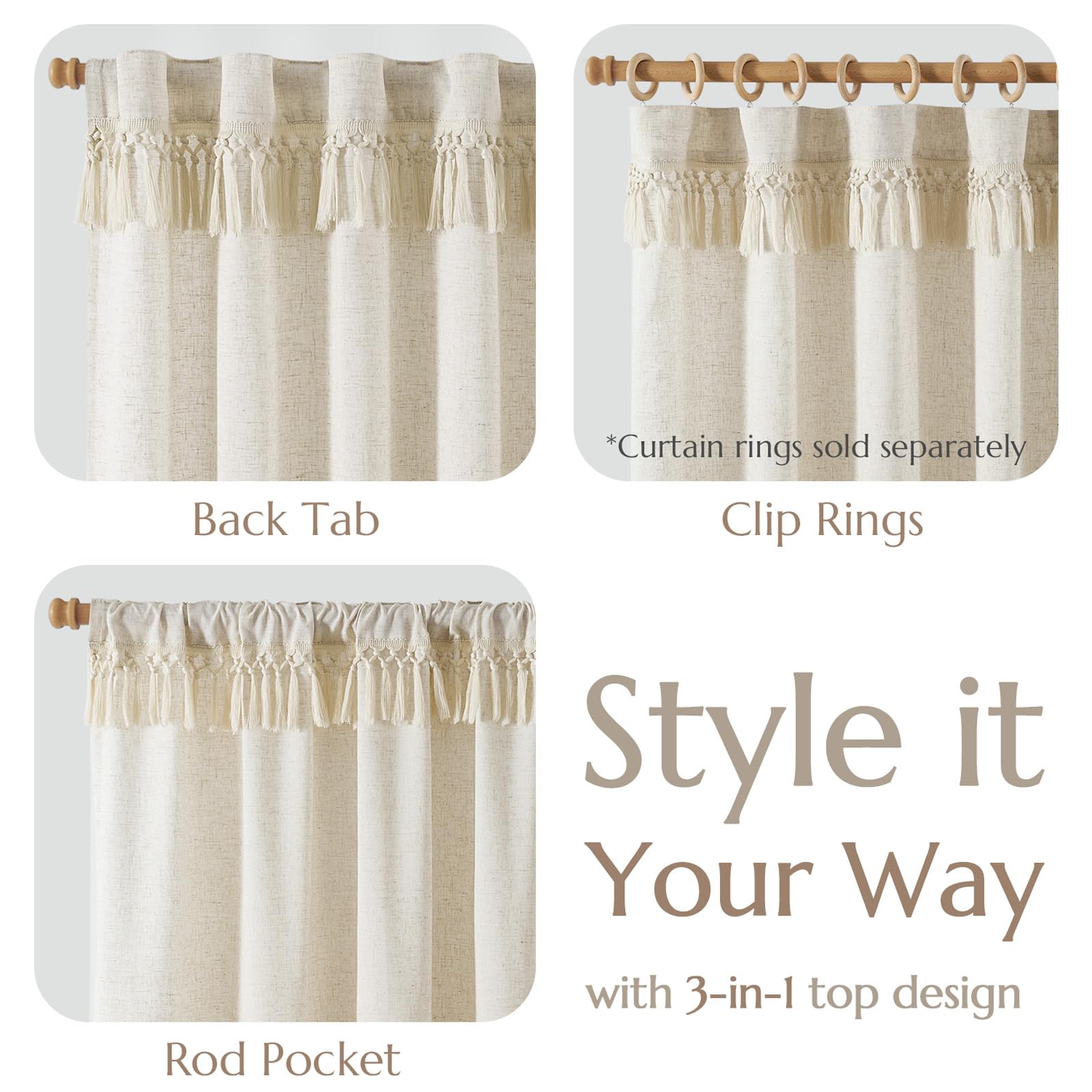 Jinchan Linen Blend Curtains With Tassels, Curtains For Living Room 63 Inches Long, Boho Curtains, Rod Pocket Back Tab Flax Farmhouse Curtains For Bedroom Light Filtering Window Curtain Set 2 Panels