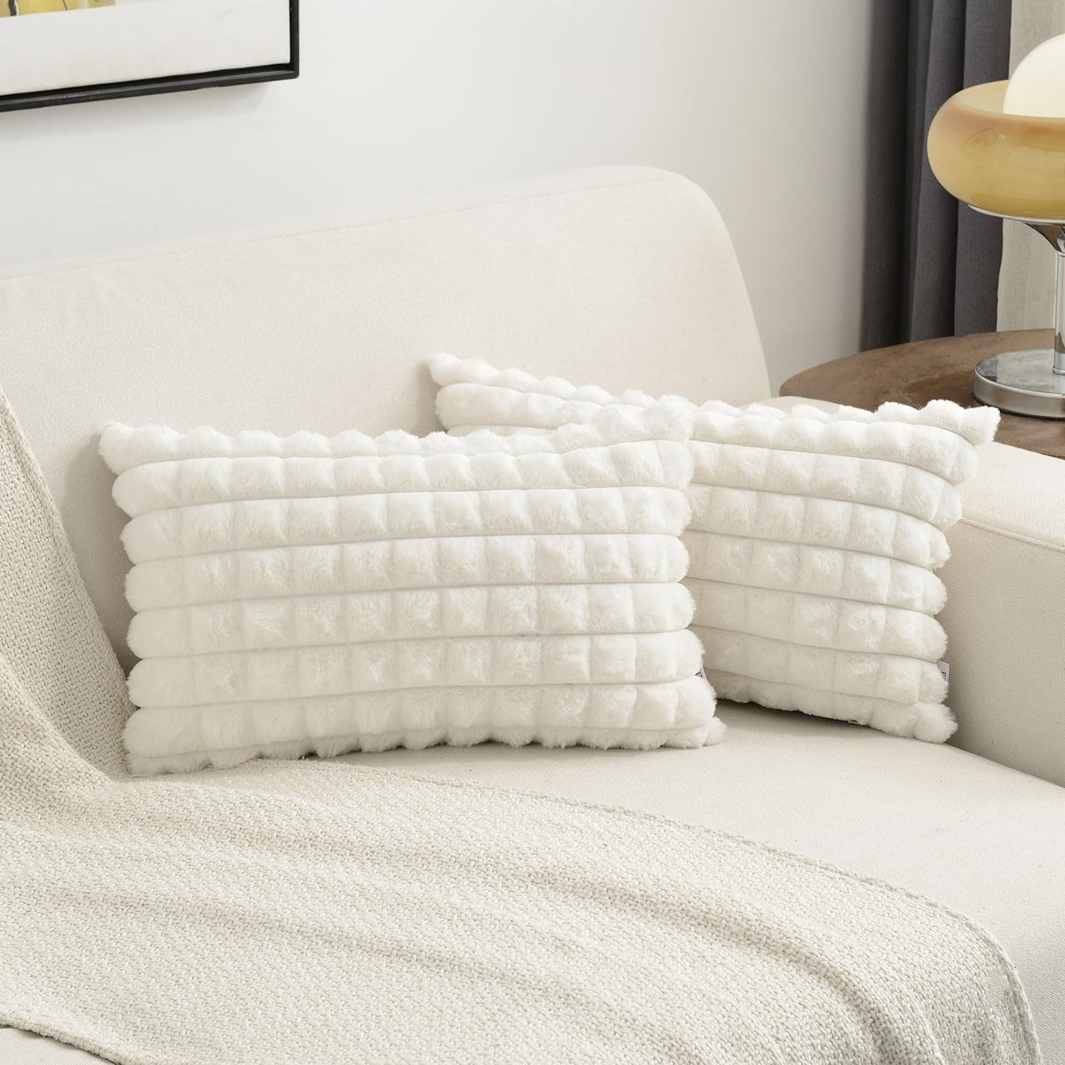 Futei Cream White Decorative Throw Pillow Covers 12X20 Inch Set Of 2, Rectangle Lumbar Pillowcase,Fluffy Faux Rabbit Fur Plaid &