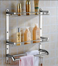 Leawall Stainless Steel Double Layer Bathroom Shelf With Towel Rod & Holder | Multipurpose Wall Mount Bath Shelf Organiser And R