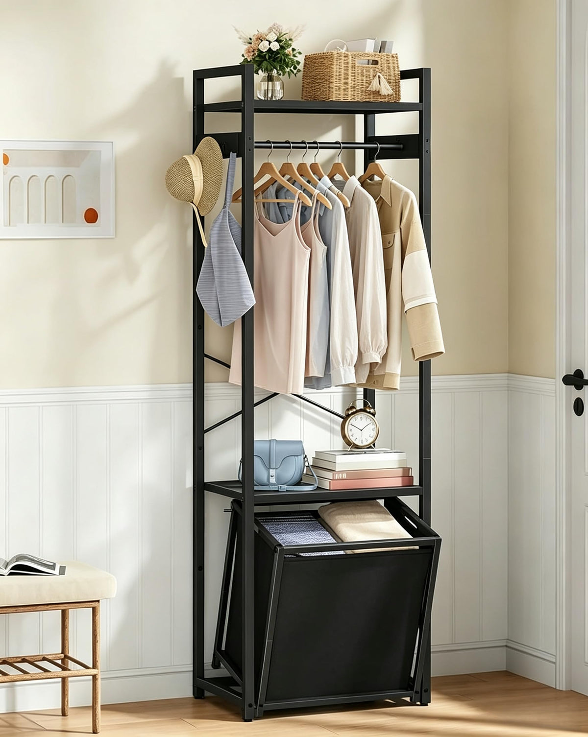 SpaceSaving Coat Rack with Tilt Out Laundry Basket, Clothes Garment Rack with Shelves, XShaped Sturdy Structure Freestanding H