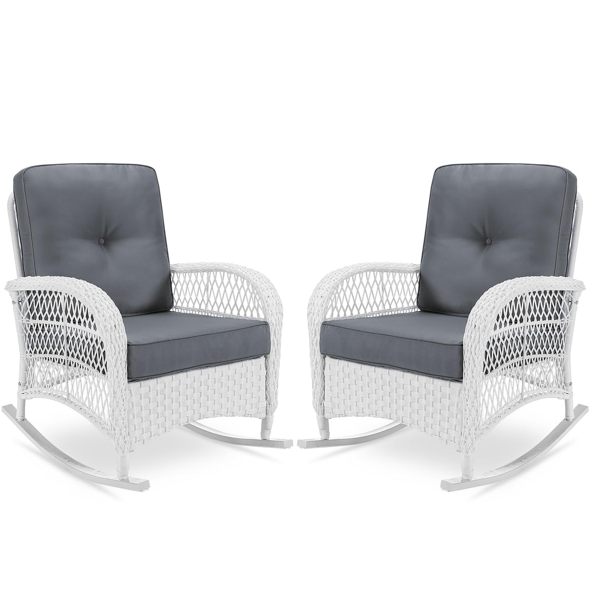 Vivijason 2 Piece Patio Wicker Rattan Rocker Chair, Outdoor Rattan Rocker Chair With Cushions & Steel Frame, All-Weather Rocking Lawn Wicker Furniture For Garden Backyard Porch (White Wicker/Grey)