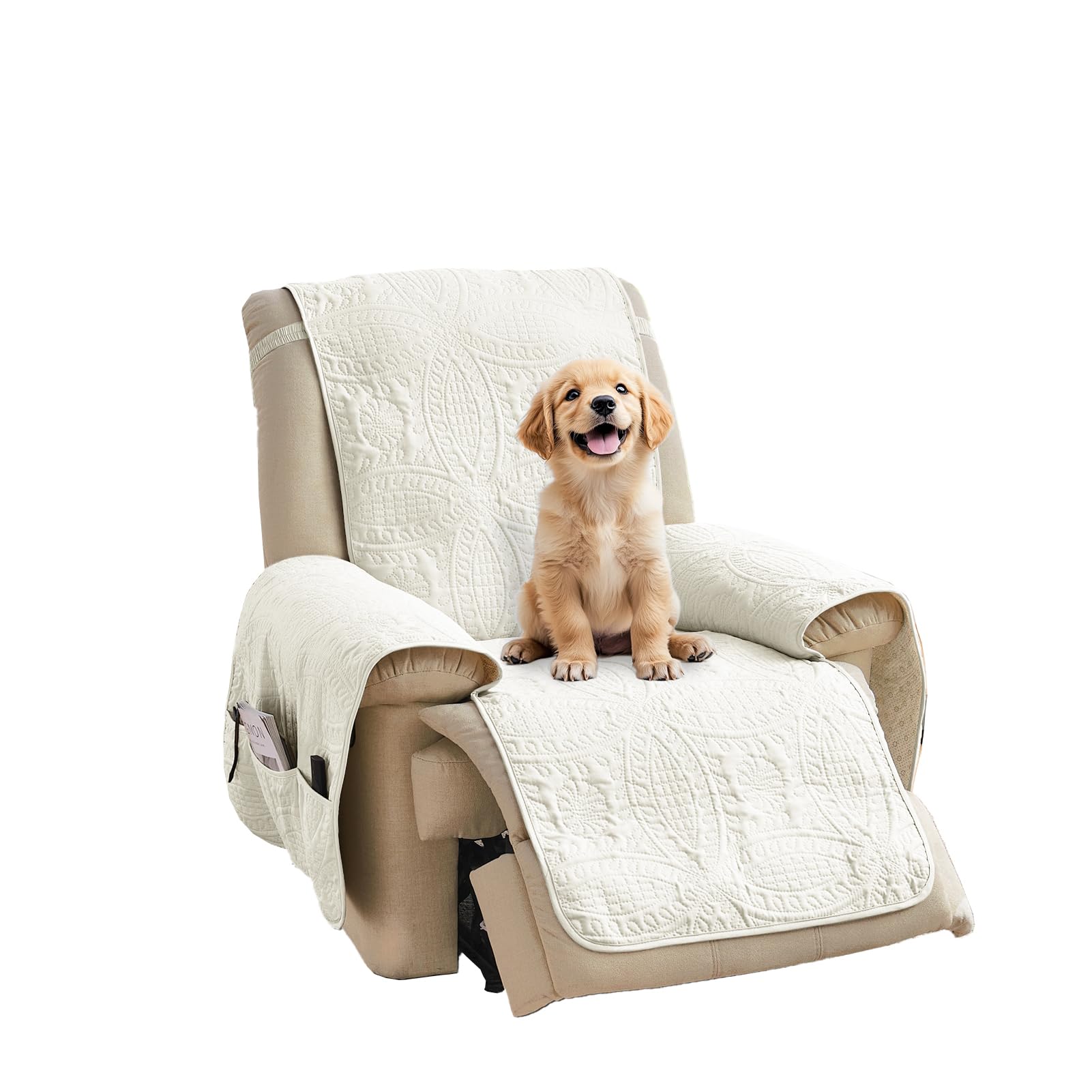 Pamhaven Quilted Recliner Chair Covers, Water-Repellent Slipcovers, Off White Recliner Covers Stay in Place, Pet Friendly Reclin
