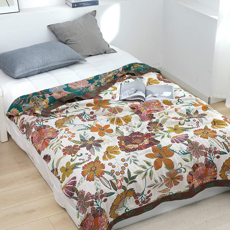 Boho Throw Blanket For Bed 80   X90   , 100% Cotton Woven Blanket For Couch Sofa, Ultra Soft 4-Layer Muslin Quilt With Vintage F