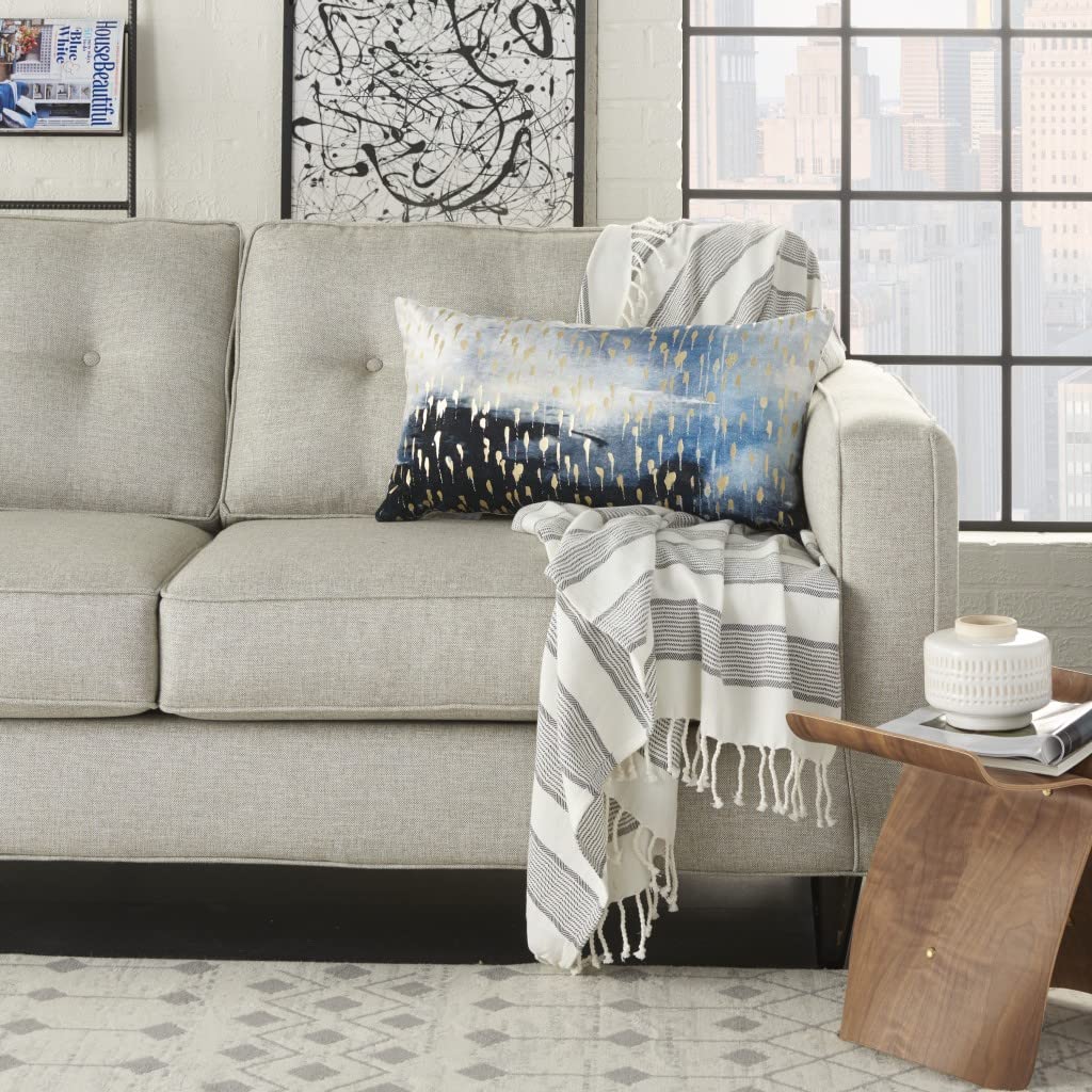 HomeRoots Grey Cotton Blue Abstract Lumbar Pillow