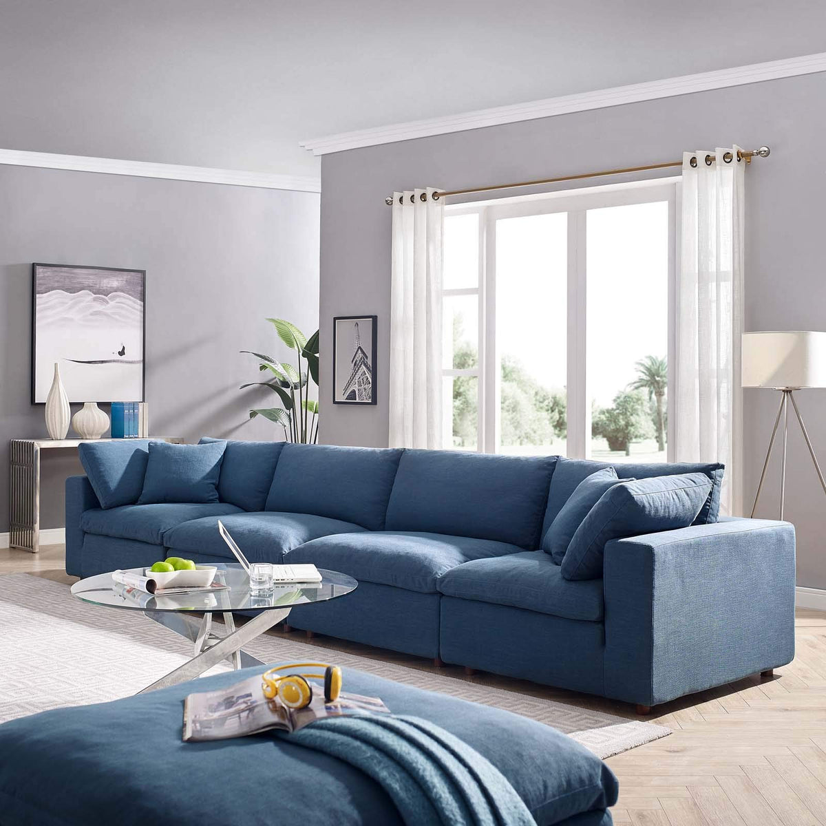 Modway Commix Down-Filled Overstuffed Upholstered 4-Piece Sectional Sofa Set In Azure