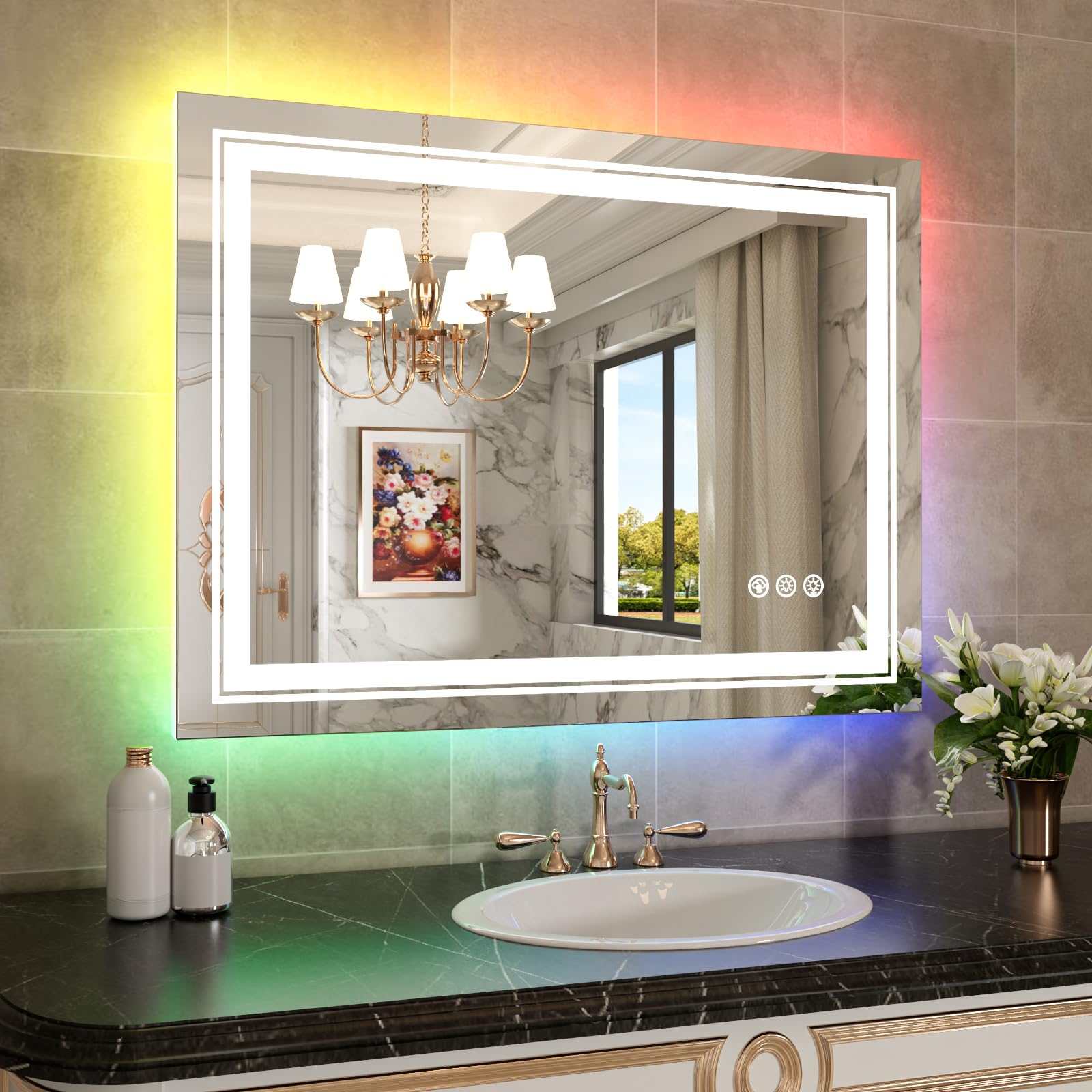 WTTY LED Bathroom Mirror 40x32 with RGB Backlit and Front Light,Stepless Dimmable LED Mirror for Bathroom,Lighted Bathroom Vanit