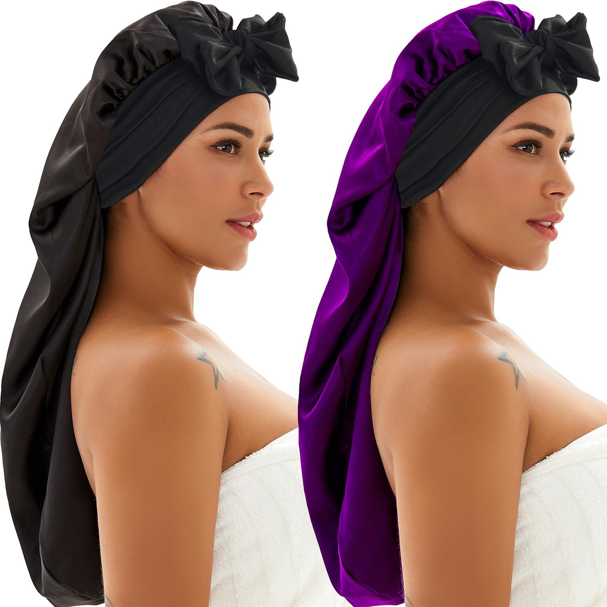 Wzl Wlg 2 Pcs Satin Bonnet (2 Pcs-Black & Purple)